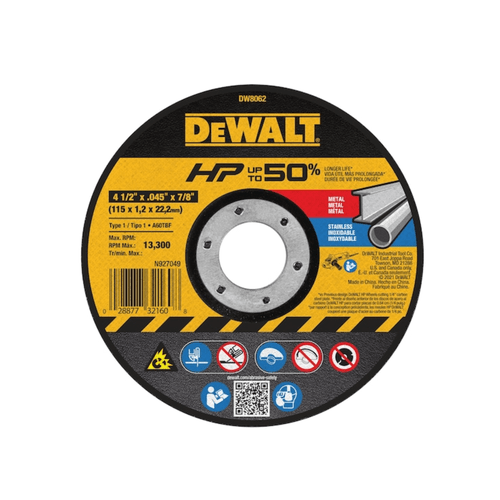 Disco de Corte HP 4 1/2" X 1,0mm X 7/8" DeWalt Dw8062